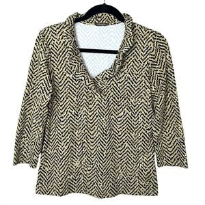 J. McLaughlin Derham Ruffle Neck Top 3/4 Sleeves Black/Gold Sz S